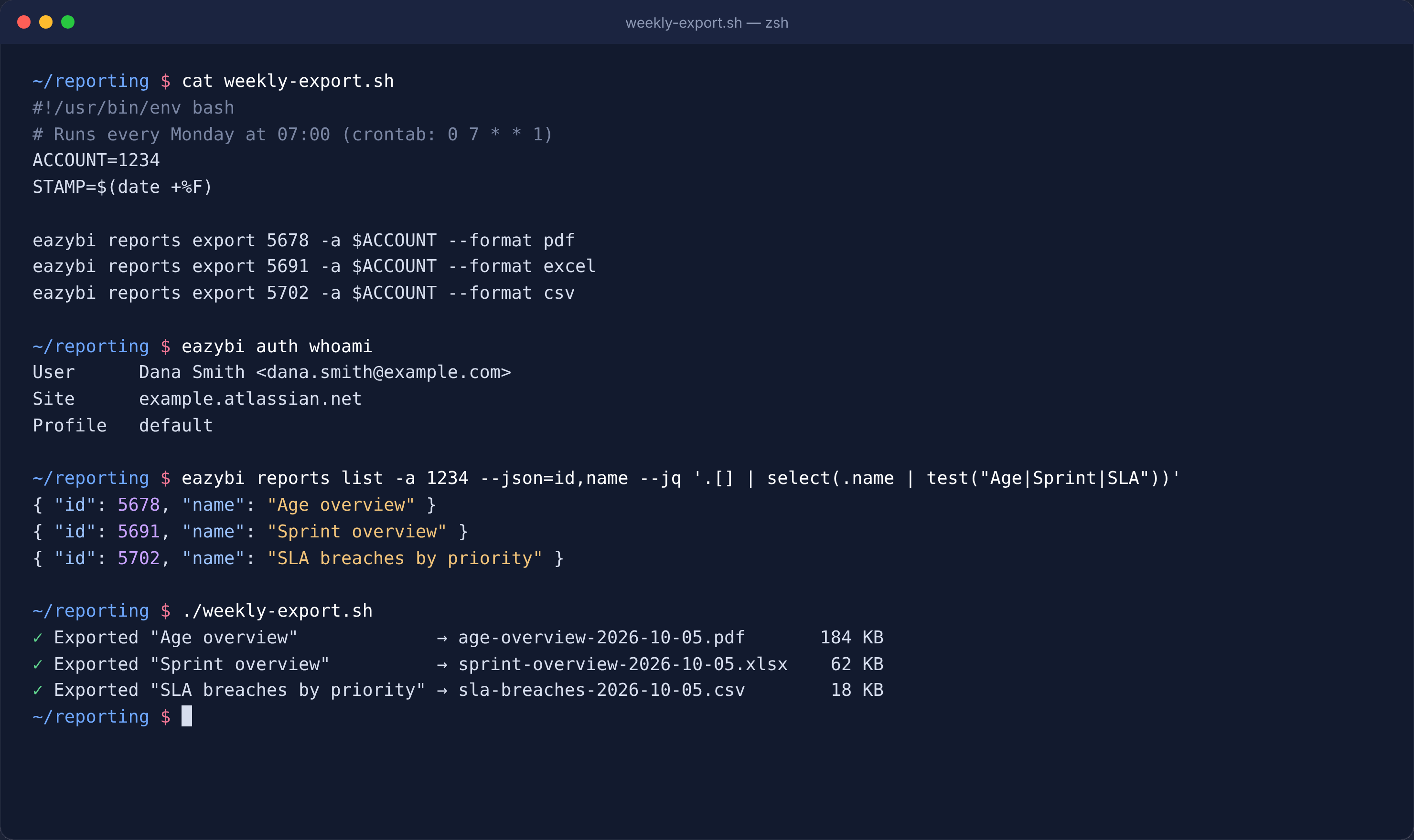 A terminal running a weekly eazyBI CLI export script